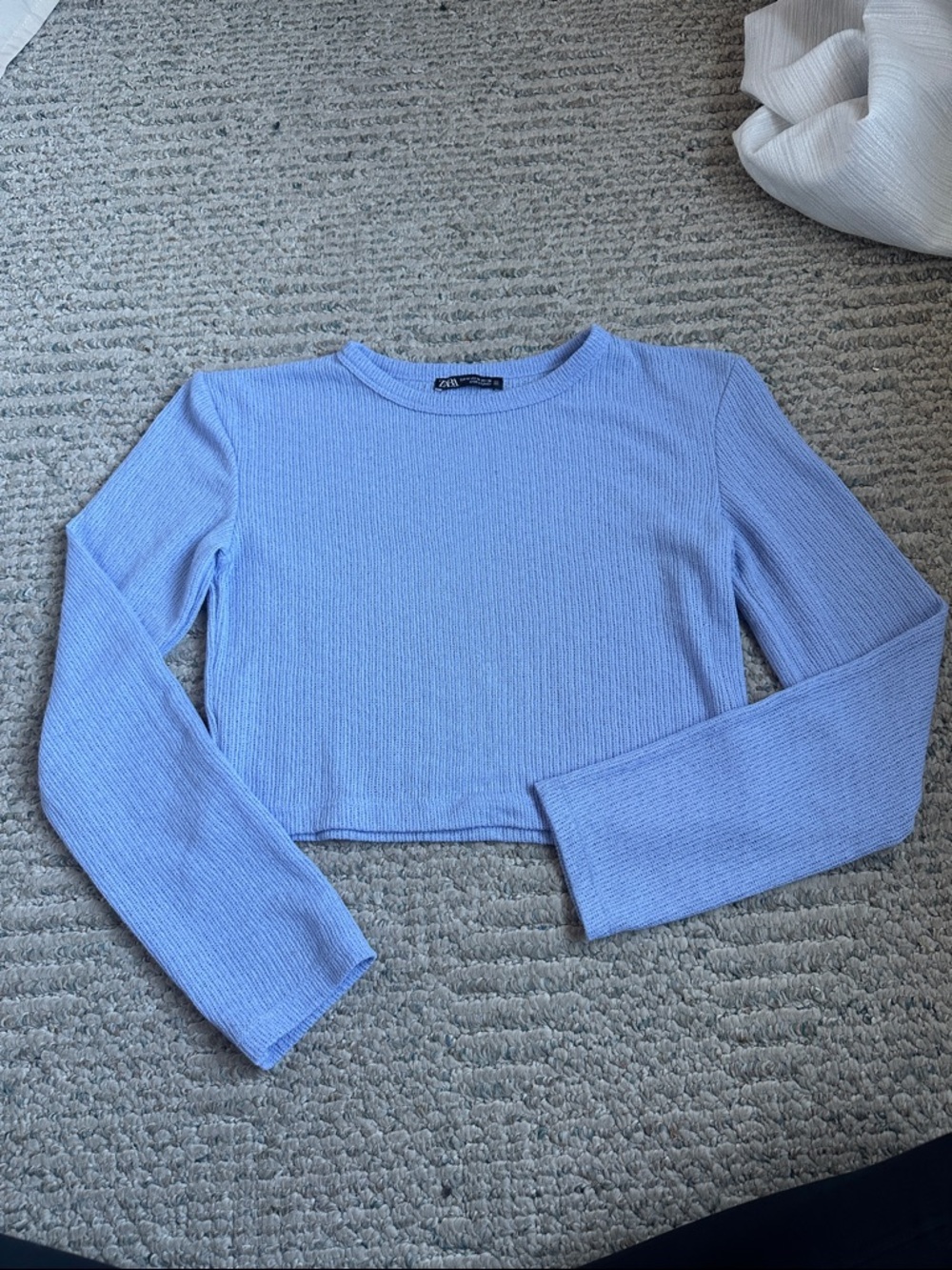 Zara Light Blue Ribbed Cropped Long Sleeve Top